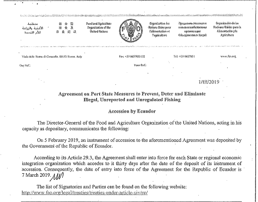FAO COMUNICA QUE GOBIERNO DE LA REPUBLICA DE ECUADOR DEPOSITO SU INSTRUMENTO DE ADHESIÓN AL “ACUERDO MERP”