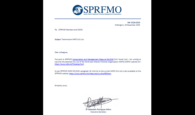 SPRFMO - Transmisión de lista IUU de la NAFO, para los miembros de la SPRFMO y CNCPS